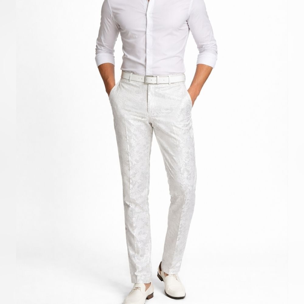Mogu White Floral Embossed Slim Fit Flat Front Formalwear Pants Size 30